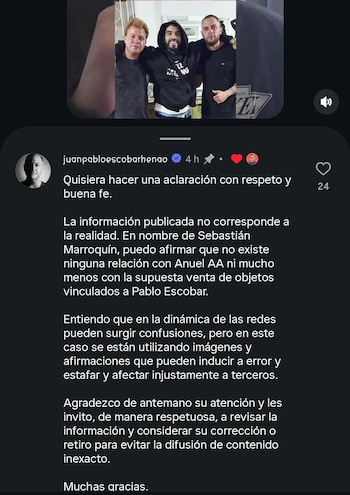 Sebastián Marroquín, hijo de Pablo Escobar, desmintió cualquier relación de Anuel AA con la compra de objetos históricos del capo - crédito juanpabloescobarhenao / Instagram