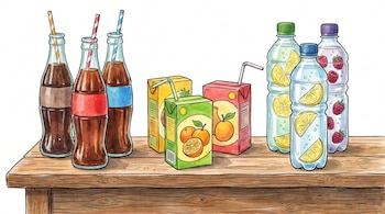 Ilustración de botellas de refresco, cajas de jugo y botellas de agua saborizada con limón y frambuesa, colocadas sobre una mesa de madera.
