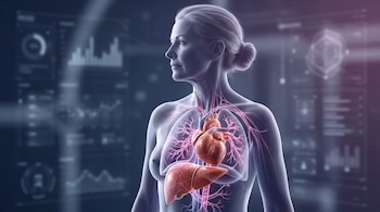 Vista de perfil de una mujer con un corazón y un hígado visibles en su torso, conectados por redes luminosas rosadas, sobre un fondo digital con gráficos.
