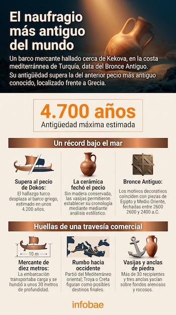 Una infografía con texto, la imagen de una vasija antigua y seis recuadros con ilustraciones de barcos, mapas, vasijas y anclas.