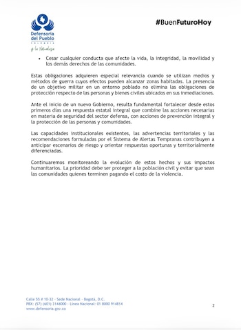 Los ataques se dirigieron principalmente contra la Fuerza Pública, la infraestructura, las vías y corredores estratégicos - crédito Defensoría