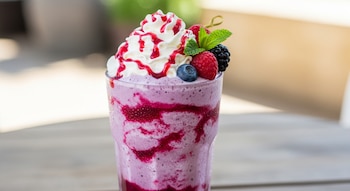 Un vaso de Frappuccino de frutos rojos, adornado con crema batida, sirope rojo y bayas frescas de frambuesa, arándano y zarzamora.