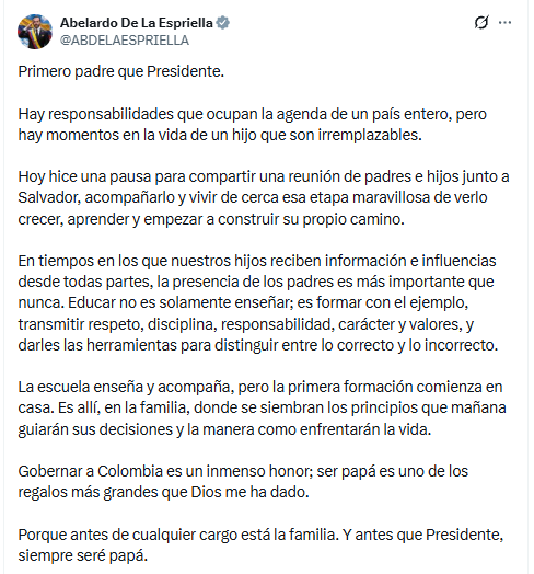 A través de sus redes sociales, el presidente Abelardo de la Espriella compartió un emotivo mensaje a su hijo Salvador y recordó el orgullo que siente de ser su padre (- crédito @ABDELAESPRIELLA/X)