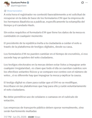 El presidente llamó a los testigos electorales a reportar e impugnar posibles irregularidades en las mesas de votación - crédito @petrogustavo/X