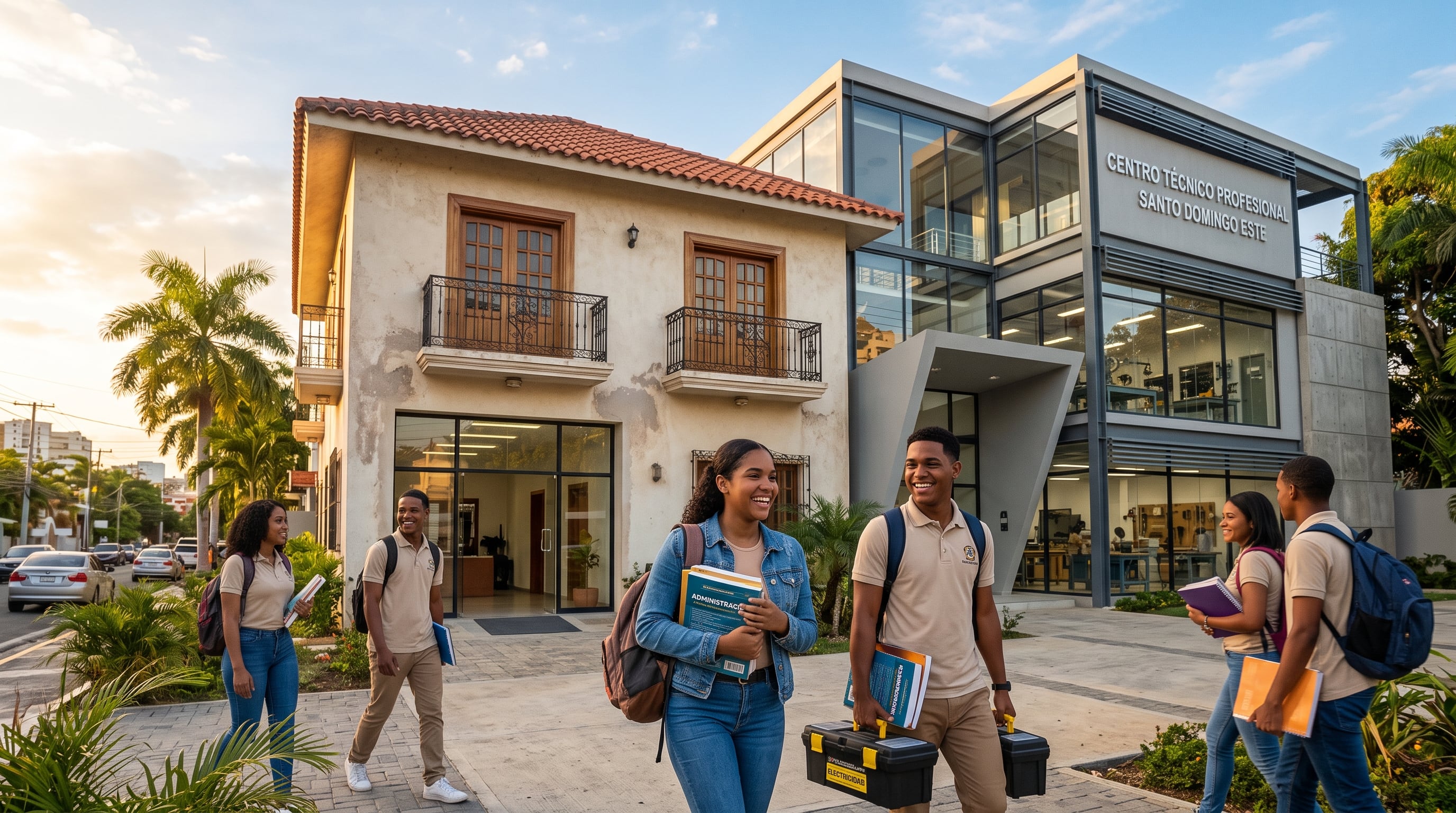Estudiantes caminan frente al Centro Técnico Profesional Santo Domingo Este, un edificio que integra arquitectura tradicional dominicana con una estructura moderna. (Imagen Ilustrativa Infobae)