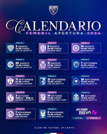 Gráfico con calendario del Atlante Femenil Apertura 2026, listando 14 jornadas con fechas, horas, equipos oponentes, estadios y el logo de la Liga Femenil BBVA