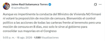 Jaime Raúl Salamanca anunció que no firmará ni votará la moción de censura contra Beltrán, aunque calificó de “impertinente” su conducta - crédito @JaimeRaulSt/X