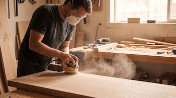 Hombre con mascarilla y gafas lija una tabla de madera con una lijadora eléctrica orbital en un taller, rodeado de herramientas y virutas.