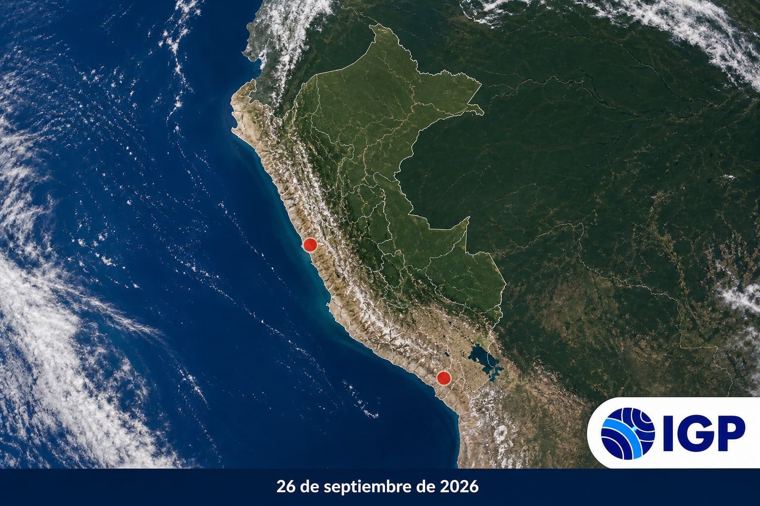 Un mapa satelital del Instituto Geofísico del Perú identifica las regiones de Lima y Moquegua mediante puntos rojos con fecha del 26 de septiembre de 2026. (Imagen Ilustrativa Infobae)