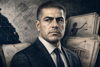 Dibujo de un hombre con traje oscuro y corbata, acompañado al fondo por mapas con marcas rojas y bocetos de la balanza de la justicia.