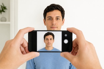 Dos manos sostienen un teléfono inteligente frente a un hombre de prenda azul para fotografiar su rostro sobre un fondo blanco.