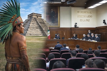 Montaje con hombre maya y pirámide de Chichen Itzá a la izquierda; a la derecha, el Pleno de la SCJN con jueces y público en sesión.