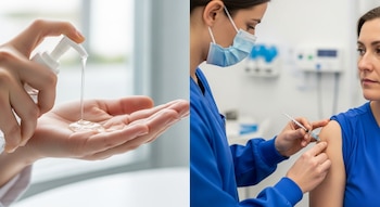 Una mano dispensando alcohol en gel en otra mano, y una enfermera con mascarilla aplicando una vacuna en el brazo de un paciente.
