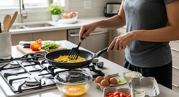 Vista de una persona en una cocina moderna revolviendo huevos en una sartén sobre una estufa de gas, con varios ingredientes frescos listos en la encimera.