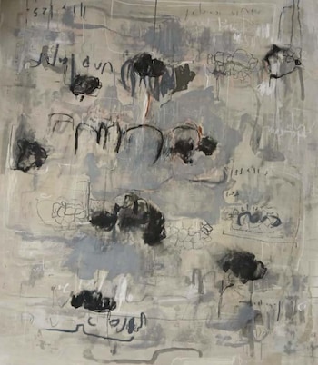 NATALIA MENDIETA
Es la montaña, es una línea
Óleo, cemento, cal, pastel,
carboncillo y lápiz sobre tela
135 x 115 cm
2025