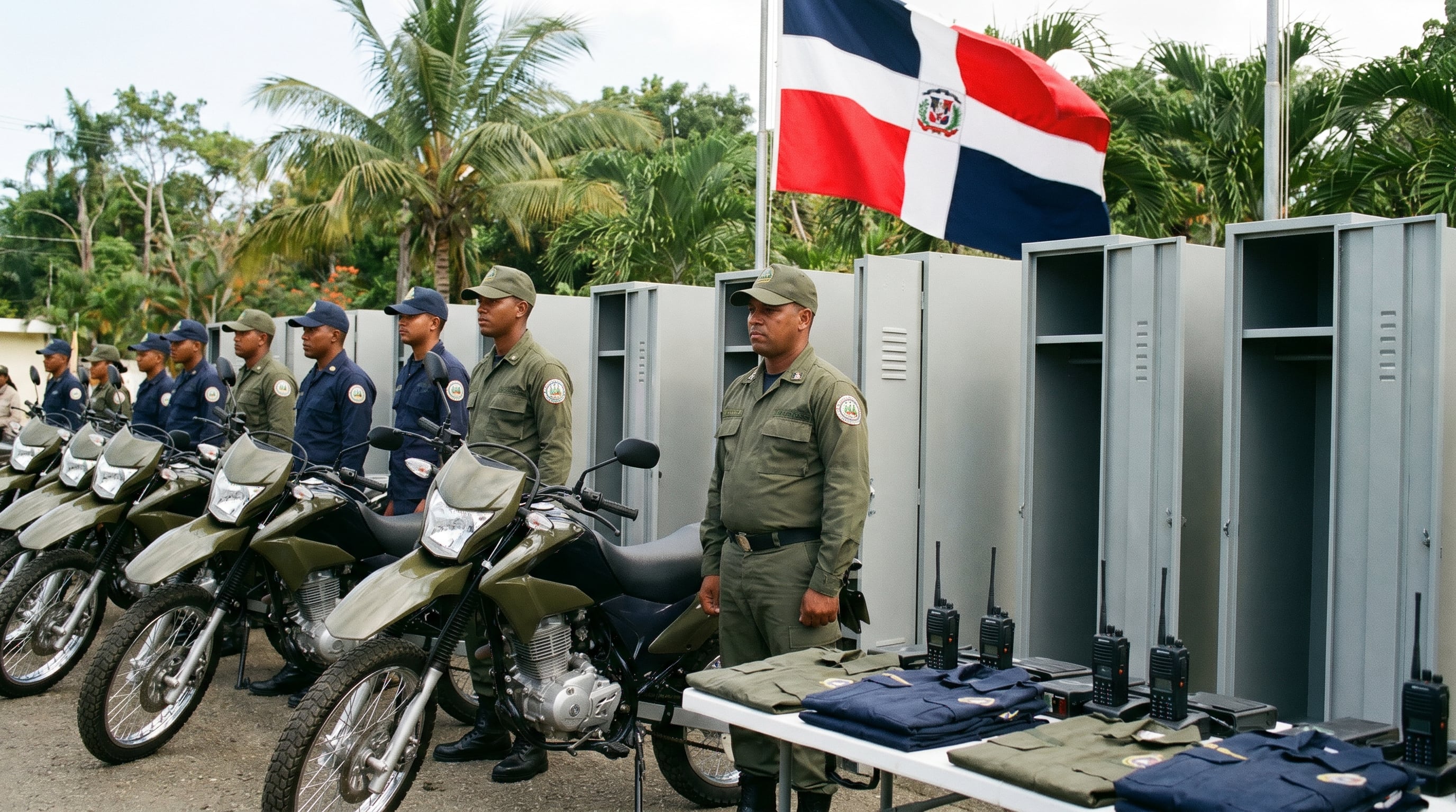 Un grupo de guardaparques uniformados se alinea frente a motocicletas y equipamiento nuevo, incluyendo radios de comunicación y uniformes, bajo la bandera dominicana y vegetación tropical en un acto de entrega de equipos. (Imagen Ilustrativa Infobae)