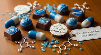 Chocolates azules y blancos, algunos en forma de píldora, sobre una mesa de madera. También se aprecian la fórmula química de Sildenafil Citrato y un letrero.