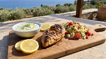 Pechuga de pollo asada, cuscús con tomates, rodajas de limón y un cuenco con tzatziki sobre una tabla de madera al aire libre.