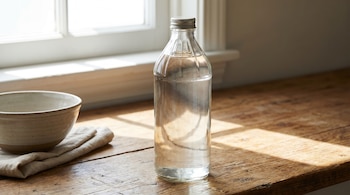 Una botella de vinagre blanco sin marcas con tapa plateada sobre una mesa de madera, junto a un cuenco de cerámica y un paño, con luz de ventana de fondo.