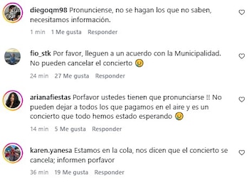 Captura de pantalla de cuatro comentarios de usuarios en redes sociales que solicitan información sobre la cancelación de un concierto