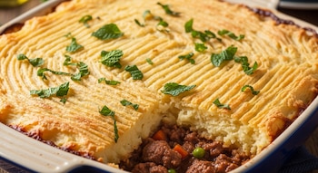 Pastel de papas con cordero y menta en fuente. Puré gratinado, carne picada, arvejas, zanahorias y hojas de menta visibles.
