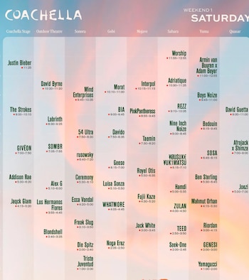 Esta es la programación oficial para los sábados de Coachella 2026. Los Hermanos Flores harán su debut monumental de 3:55 PM a 4:45 PM (hora de California) (Foto cortesía Coachella).