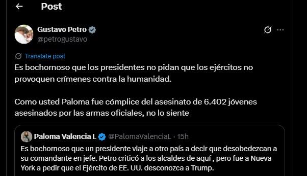 Gustavo Petro contestó a críticas de Paloma Valencia - crédito @petrogustavo/X