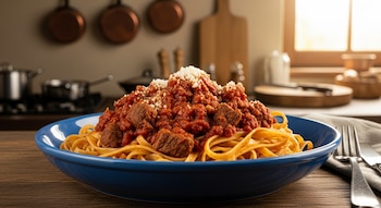 Un plato azul de cerámica lleno de tagliatelle amarillas cubiertas con abundante ragú rojo de carne, trozos de res y cerdo, y Parmigiano rallado, en una cocina tradicional con iluminación cálida.