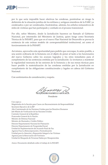 La instancia de articulación entre el Gobierno Nacional, la JEP y la Unidad de Búsqueda acumuló desde 2022 diez sesiones ordinarias, tres extraordinarias y 110 mesas técnicas - crédito JEP
