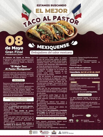 Para ser parte del concurso, los participantes deben llevar su propio equipo y utensilios, así como los ingredientes necesarios para preparar al menos 20 tacos al pastor (X@Edomex)