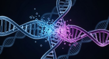 Representación abstracta de dos cadenas de ADN entrelazadas parcialmente, una azul y otra púrpura, con partículas brillantes en su unión sobre fondo oscuro.