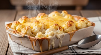 Primer plano de una fuente de coliflor gratinada con salsa blanca y queso derretido, burbujeante y humeante, sobre una mesa de madera con una cuchara y un paño.