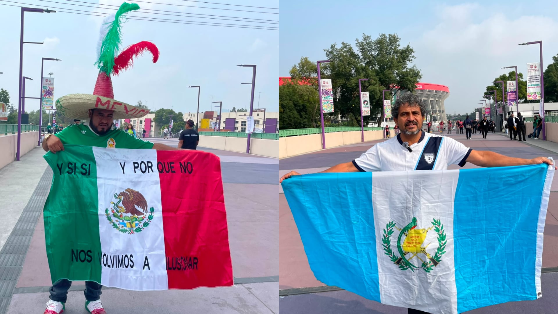 Dos aficionados, uno mexicano y otro guatemalteco, muestran las banderas de sus respectivos países al exterior del Estadio Ciudad de México, previo al partido entre México e Inglaterra. (Luis Mote | Infobae México )