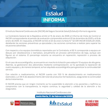 Un comunicado oficial digital de EsSalud y el INCOR con el título "EsSalud INFORMA" en azul sobre un fondo claro, detallando acciones correctivas