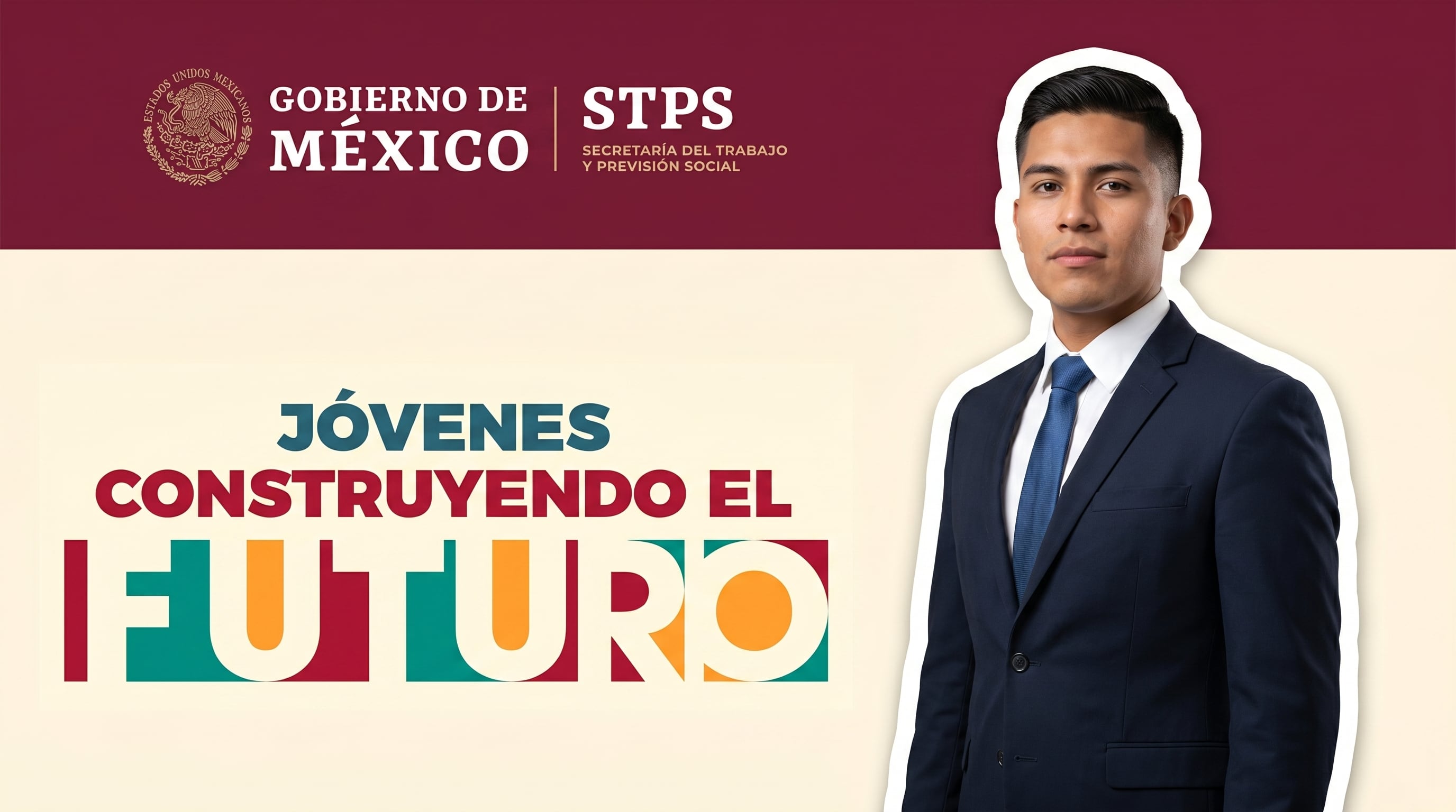 Un joven profesional mexicano, vestido de traje, aparece junto al cartel del programa federal Jóvenes Construyendo el Futuro, simbolizando las oportunidades de empleo para la juventud en México. (Imagen Ilustrativa Infobae)