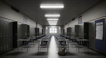 Pasillo de escuela vacío con filas de pupitres a los lados, armarios metálicos a lo largo de las paredes y una mochila en el suelo al frente.