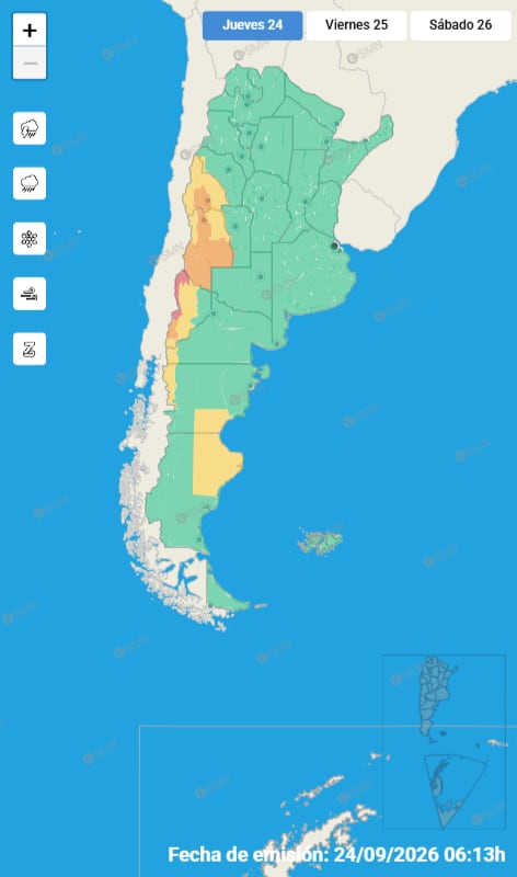 El Servicio Meteorológico Nacional mantiene la alerta roja en las cordilleras de Neuquén y Río Negro, con precipitaciones acumuladas de entre 80 y 120 milímetros y picos localizados de hasta 150 milímetros