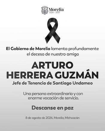 Publicación del ayuntamiento de Morelia que confirmó la muerte de Arturo Herrera. Crédito: Ayuntamiento de Morelia