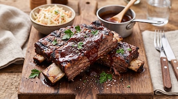 Tres costillas de carne con salsa barbacoa y perejil sobre una tabla de madera, acompañadas de ensalada, una salsa y cubiertos.