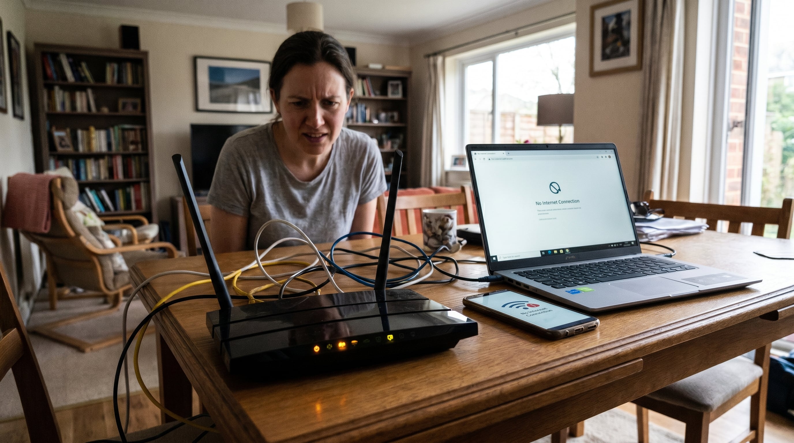 Una mujer muestra frustración mientras intenta resolver un problema de conexión a internet en su hogar, con un router, laptop y smartphone que indican fallas. (Imagen Ilustrativa Infobae)