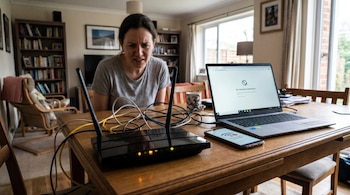 Router WiFi con luces de error, laptop y smartphone mostrando "Sin conexión a internet" sobre una mesa, con una mujer frustrada en el fondo.
