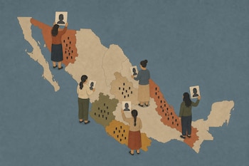 Ilustración de un mapa de México y cinco mujeres de espaldas que sostienen carteles con siluetas humanas.