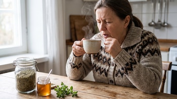 Mujer sostiene una taza humeante, sentada en una mesa de madera con un frasco de orégano seco, otro con miel y cucharilla, y ramas frescas de orégano.