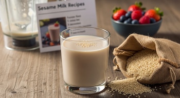 Un vaso de leche de ajonjolí con semillas en la superficie, una bolsa de arpillera con semillas de sésamo, un bol de fresas y arándanos, y una licuadora.