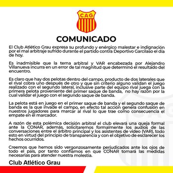 Comunicado de Atlético Grau por