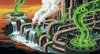 Ilustración conceptual. Paisaje árido con fuente termal y cascadas. Complejo industrial con tuberías y chimeneas humeantes. Líquido verde brillante con CO2 fluye por las estructuras.