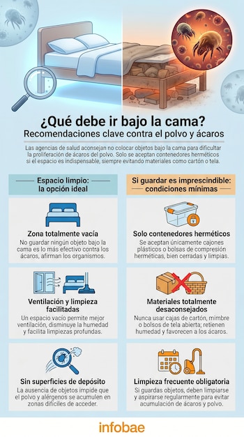 Infografía con ilustraciones de camas limpias y desordenadas. Contiene texto con recomendaciones sobre almacenamiento bajo la cama para prevenir ácaros y polvo.