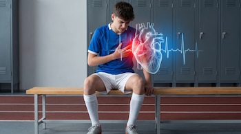 Adolescente con uniforme deportivo sentado en un banco, se toca el pecho. Imagen de corazón humano y línea de electrocardiograma sobre la escena.