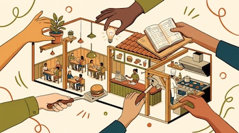Manos alrededor del corte de un restaurante de hamburguesas sosteniendo una planta, un foco, un libro contable y herramientas.