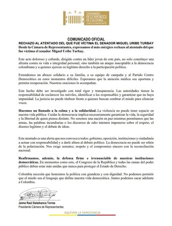 La Cámara de Representantes rechazó el atentado contra el precandidato Miguel Uribe - crédito Redes sociales/X